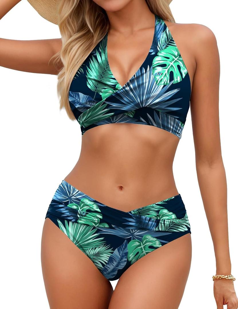 Sopliagon Women's Bikini Sets Twist Front Two Piece Swimsuit Halter Bathing Suit (Blue, L)