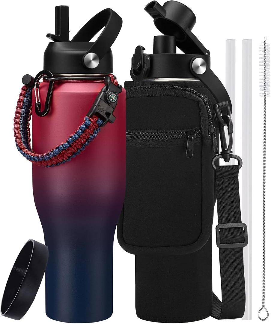 Insulated Water Bottle 40 oz - Fits in any Car Cup Holder, Keep Cold 48H Hot 24H, Stainless Steel Waterbottle Double Wall Flask with Straw, Pop-up Spout Lid, Paracord Handle, Carrier Bag (Gradient Claret)