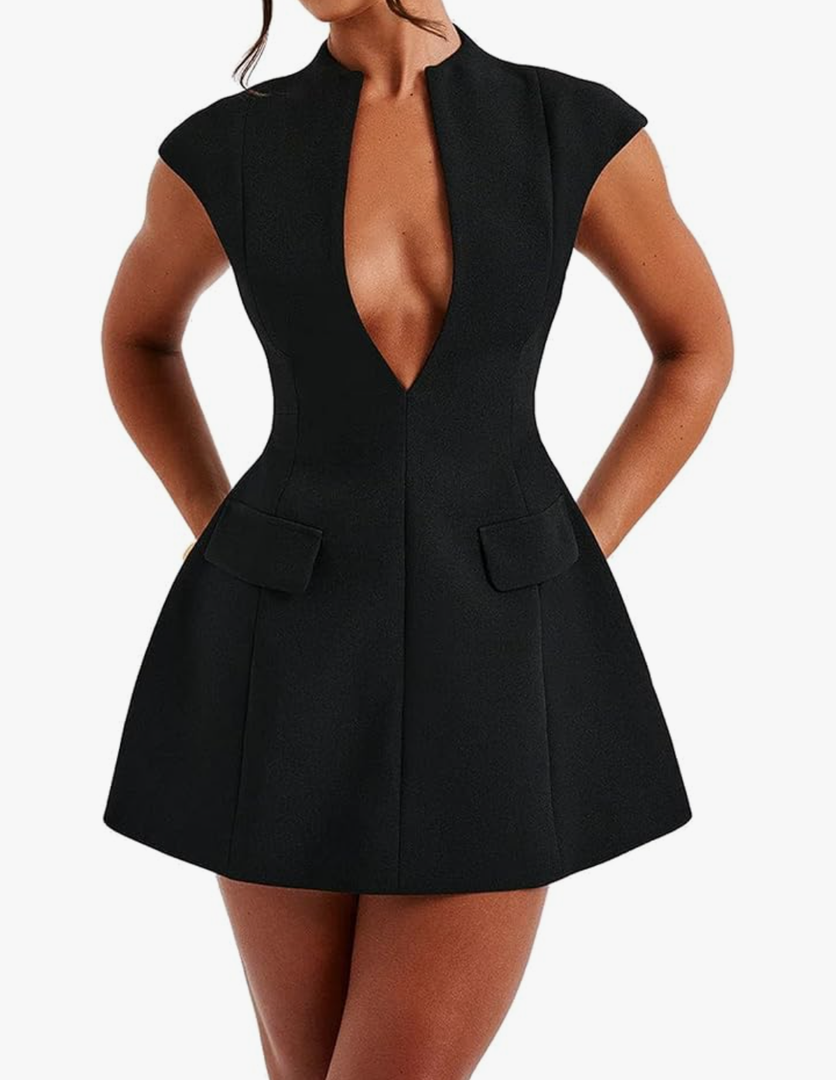 LuFeng Women's Summer Sexy Cap Sleeve Deep V Neck Zipper A-line Mini Dress Hollow Bodycon Night Out Party Dress, Size S