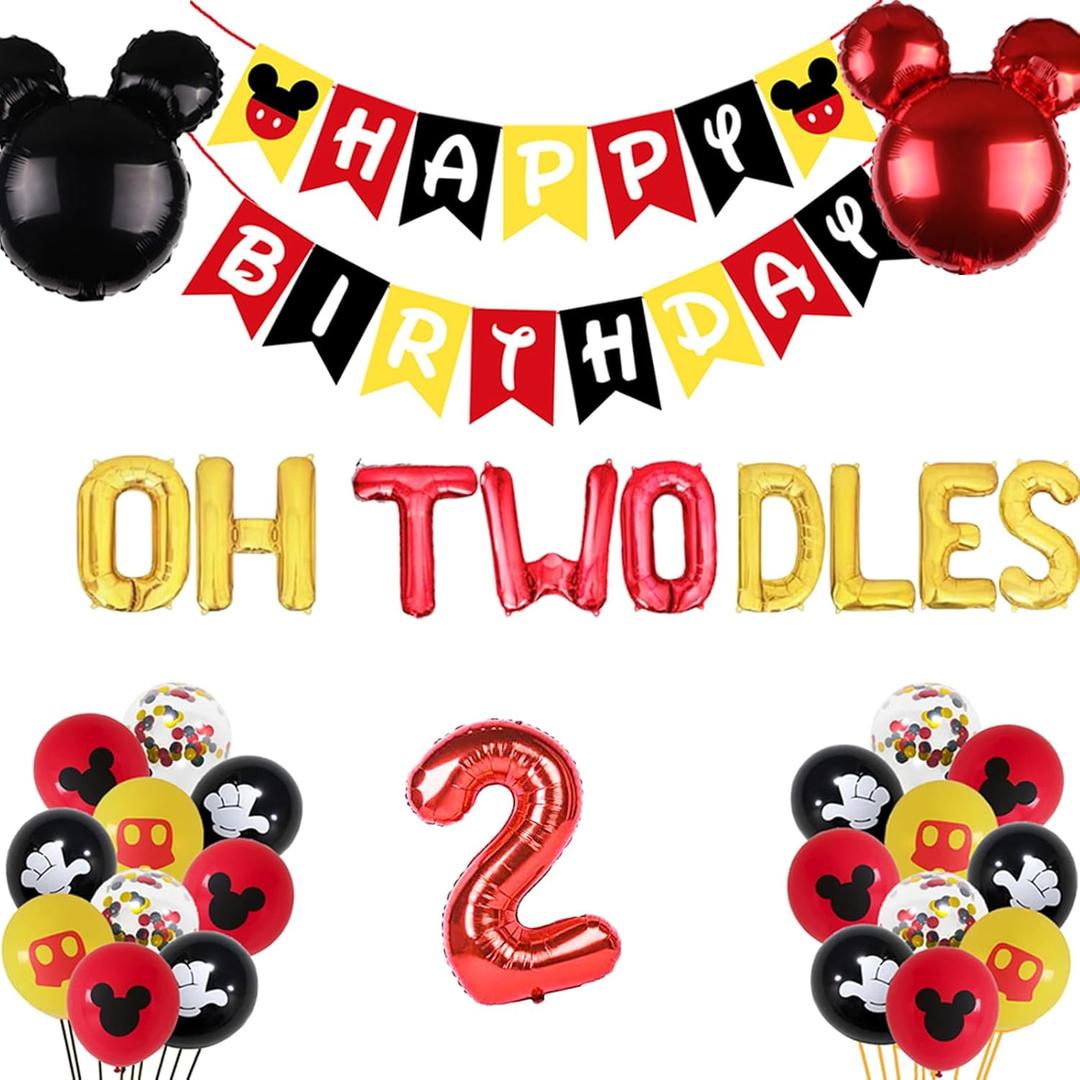 Mickey 2nd Birthday Decorations Boys Oh Twodles Balloons Boys Two Banner for Mickey Two Years Old Birthday Party Supplies Decorations