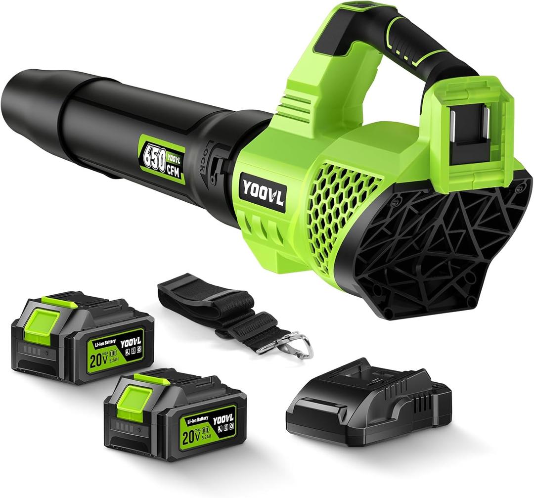 Leaf Blower Cordless, 650CFM Electric Leaf Blowers with 2 x 5.2Ah Batteries and Charger, 3 Speed Modes, 1 x Adjustable Shoulder Strap, Powerful Blowers for Lawn Care, Patio, Dust, Blowing Leaves, Green
