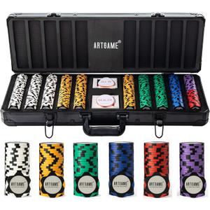 ARTGAME 14 Gram Clay Poker Chip Set for Texas Holdem, 500Pcs Casino Style Chips, with K-Type Aluminum Case and Dealer Buttons.