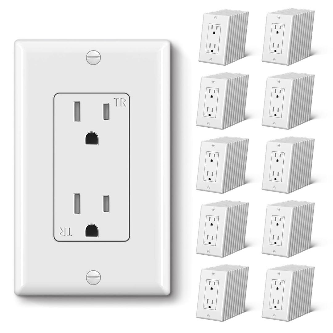 CML 15 Amp Decorator Recetpacle Outlet, 100 Pack Tamper Resistant Wall Outlets, Standard Electrical Outlets, 15A/125V, 2 Pole 3 Wire, Wallplate Included, UL Listed, White