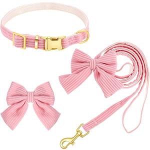 Velvet Dog Collar and Leash Set with Bowtie, Adjustable Velvet Dog Collar with Metal Buckle, Cute Girl Dogs Collars, 9-13for Small Medium Puppy Dogs with 5 FT Leash (Pink, S)