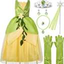 Spooktacular Creations Halloween Girls Frog Princess Dress, Green Fairy Costume for Kids, Fancy Gown Dress with Accessories for ​Toddler Themed Birthday, Dress-Up, Cosplay Party (Small, 5-7 yrs)