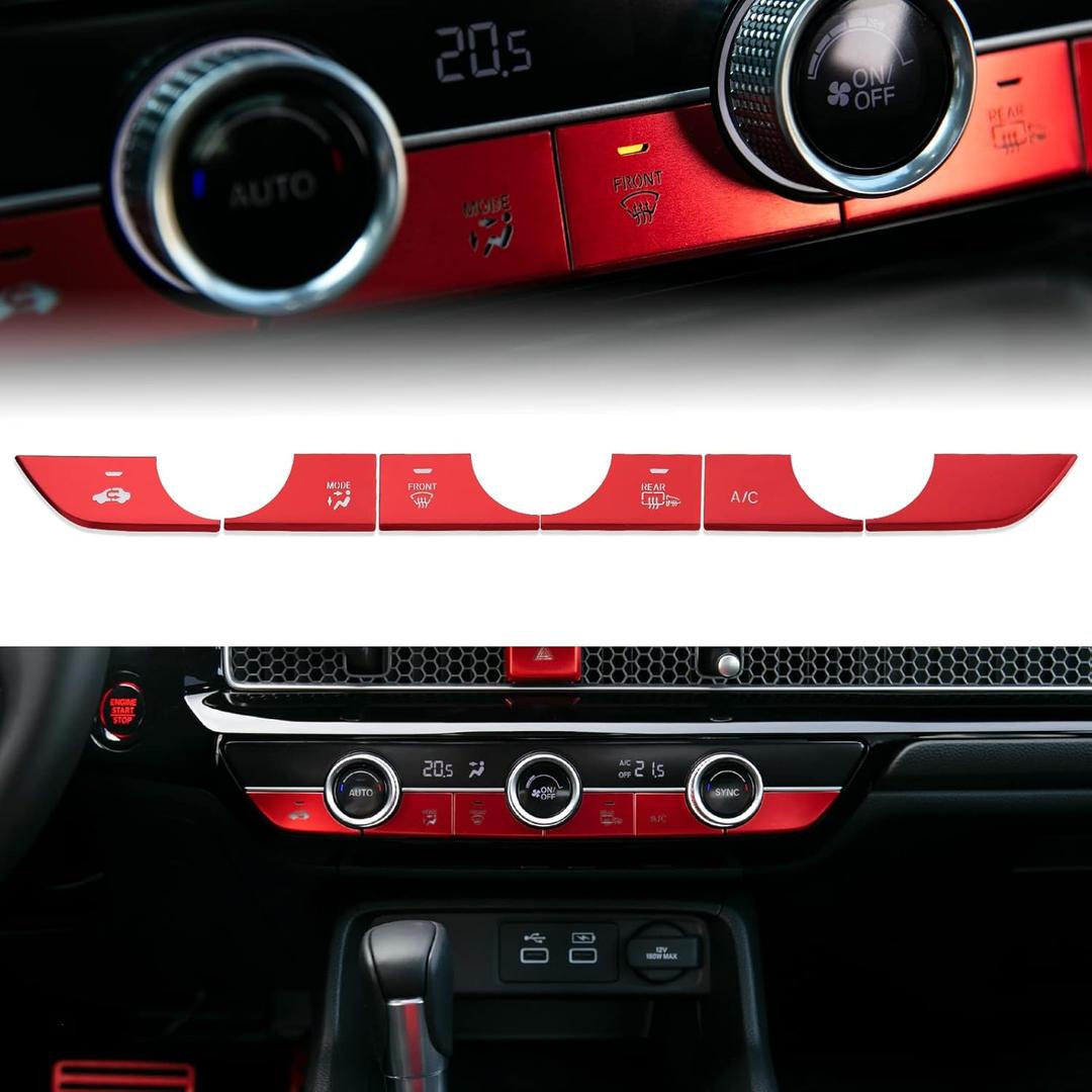 Thenice for 11th Gen Civic Center Console Panel A/C Control Button Cover Trims 6PCS Aluminium Alloy Interior Decoration for Honda Civic 2022 2023 2024 Sedan Hatchback EX EX-L Touring -Red