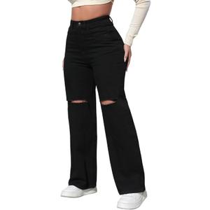 LONGBIDA Womens High Waist Ripped Straight Wide Leg Baggy Jeans Y2k Boyfriend Distressed Loose Denim Pants (X-Large, Black)