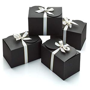 Black Kraft Gift Boxes with White & Gold Ribbons (18 Set) 6.5” x 4” Small Rectangle Cardboard Treat Boxes with Lids for Gift Giving, Weddings, Party Favors, Cookies, Christmas, Groomsmen, Bulk, Empty