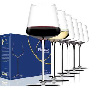 White Red Glasses Set of 6 18oz Clear Hand Blown Crystal Glass Tall Long Stem Modern Glasses Square Winss with flat bottom Unique gifts for Valentine's Day, Brithday