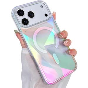 Cute Case for iPhone 17 Pro Case for Women Girls [ Compatible with Magsafe ] Clear Glitter Girly Aesthetic Rainbow Sparkly Bling Magnetic Phone Cover, Iridescent Geometry