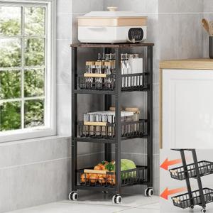 Metal Wire Baskets with Wheels, Stackable Storage Bins Kitchen Organizer Shelf, Multi Layer Fruit Vegetable Cart Dishes Seasonal Rack Freestanding with Pull Out Slide Drawer