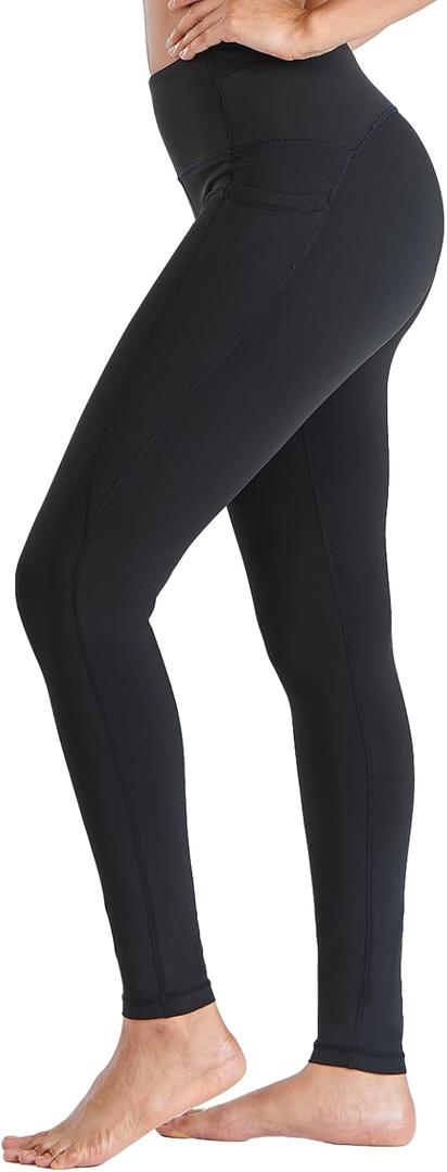 ALLZERO Women's Leggings with Pockets Tummy Control Workout 26" High Waisted Brushed Lined Warm Yoga Pants Fall Winter (Black, M)