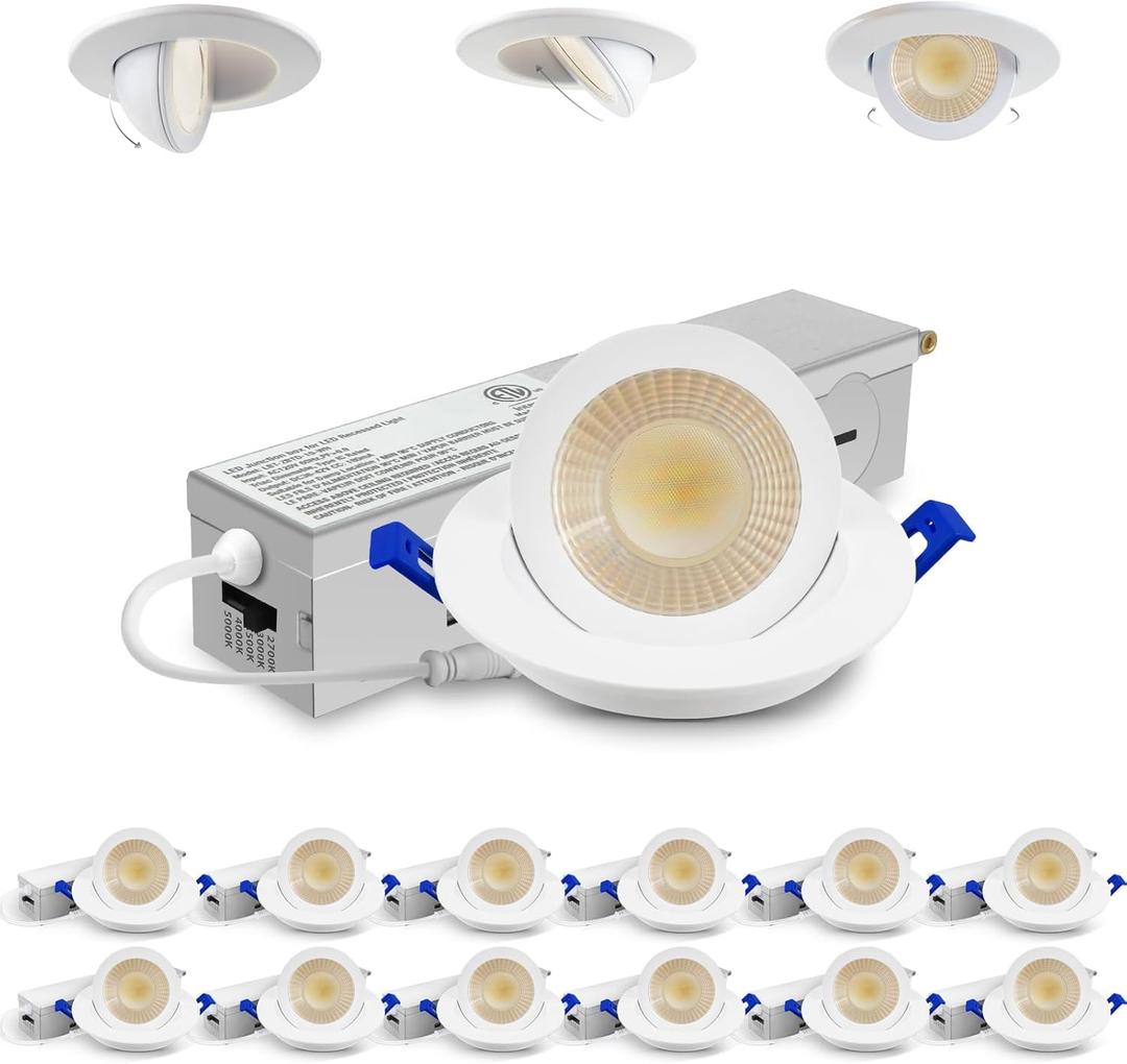 Adetu 2 Inch 5CCT Gimbal Led Recessed Lighting with Junction Box, 360°+90° Adjustable Recessed Can Lights, 2700K/ 3000K/ 3500K/ 4000K/ 5000K Selectable, 5W Eqv 50W, 550LM Brightness - ETL (White, 12 Pack)
