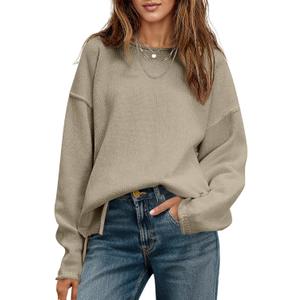 Saodimallsu Womens Oversized Crew Neck Sweaters Long Sleeve Slouchy Knit Fall Casual Loose Side Split Pullover Tops (Medium, Dark Khaki)