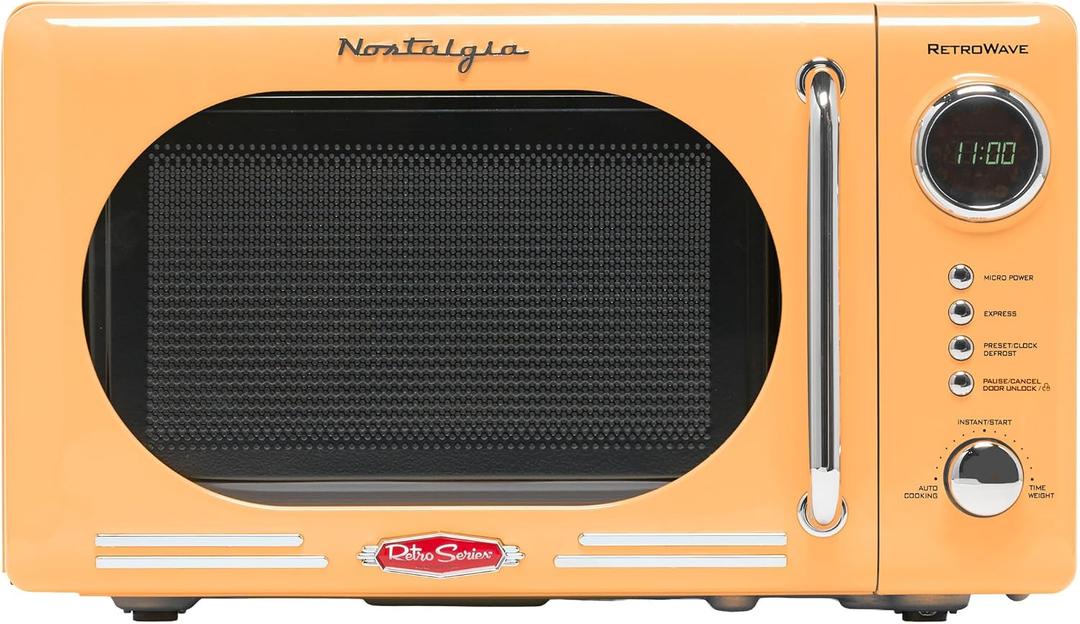 Nostalgia Countertop Microwave Oven with Easy Clean Interior- Retro Microwave with LED Display & Child Lock- Compact 0.7 Cu. Ft Oven With 12 Pre-Programmed Settings for any kitchen-700-Watts-Orange