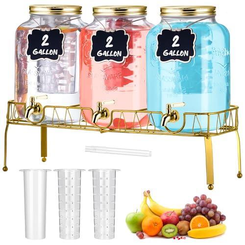 Lallisa 3 Pcs 2 Gallon Glass Drink Dispenser with Stand and Lid, Gold