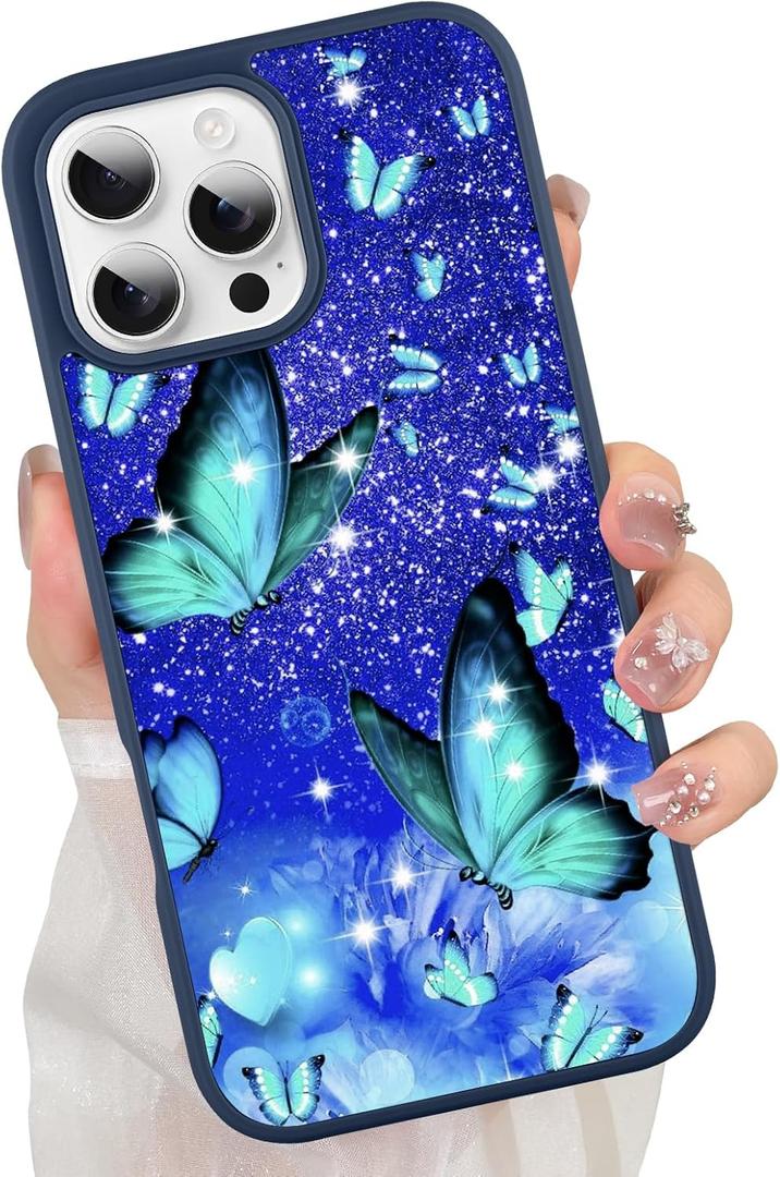 ZIYE Butterfly Case for iPhone 16 Pro Cute Blue Butterflies Pattern Design for Girl Women Drop Protection Anti-Scratch Shockproof Protective Slim Phone Case for iPhone 16 Pro 6.3 Inch