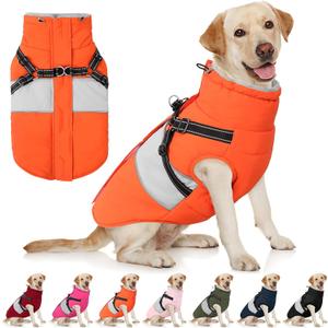 AOFITEE Dog Winter Coat, Dog Coat with Harness Built in, Dogs Jacket for Large Dogs, Reflective Waterproof Pet Puffer Jacket Snowsuit, Warm Fleece Windproof Pet Sweater for Cold Weather, XL (Orange)