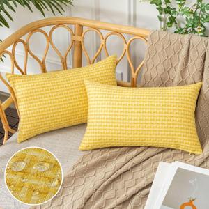 UGASA Outdoor Waterproof Pillow Covers Pack of 2 Weaving Texture Water Resistant Outside Decorative Pillow Cases for Patio Garden Porch Yard Bench Tent 12x20 Inch, Yellow