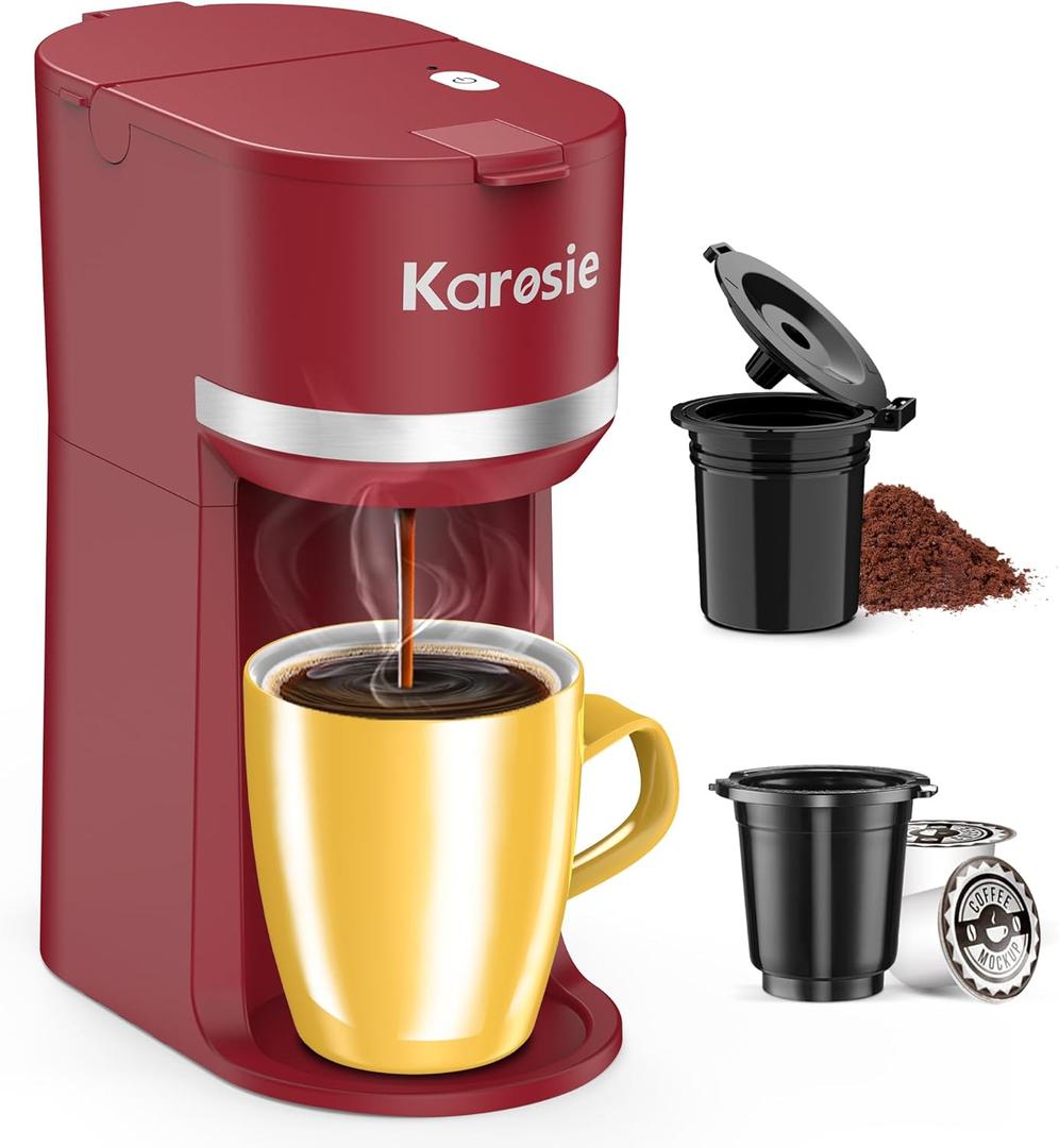 Single Serve Coffee Maker for K-Cup and Ground Coffee, Fast Brew, 6-12 oz Brew Sizes One Cup Coffee Machine Fits 5.5" Mugs, One-Button Small Coffee Maker with Descaling Reminder, Red (9.45 Inches)