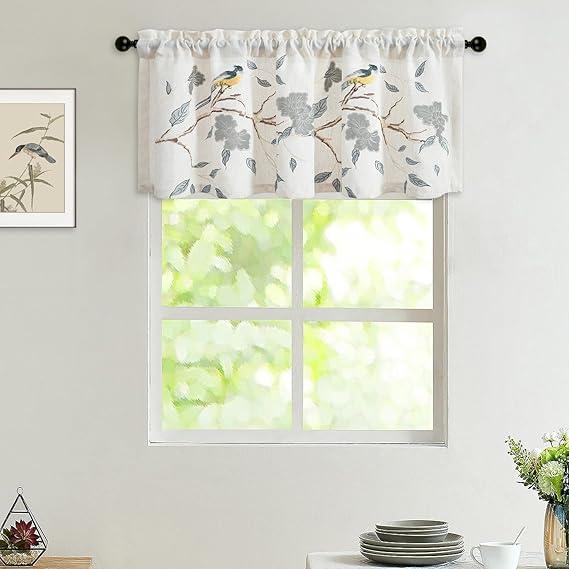 LEEVA Windows Kitchen Valances for Dining Room, Applique Embroidery Floral Pattern Vivid Small Window Curtains for Bedroom Door Head, 52x18, Blue Birds