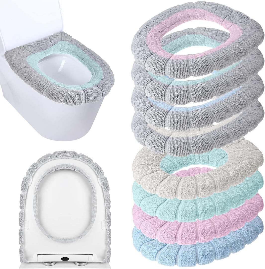 Moukeren 8 Pcs 11.8 Inch Thicker Bathroom Toilet Seat Cover Pads Soft Comfortable Toilet Seat Cushion Cover Stretchable Toilet Seat Warmer Easy Installation Cushioned Lid Covers (Simple Colors)