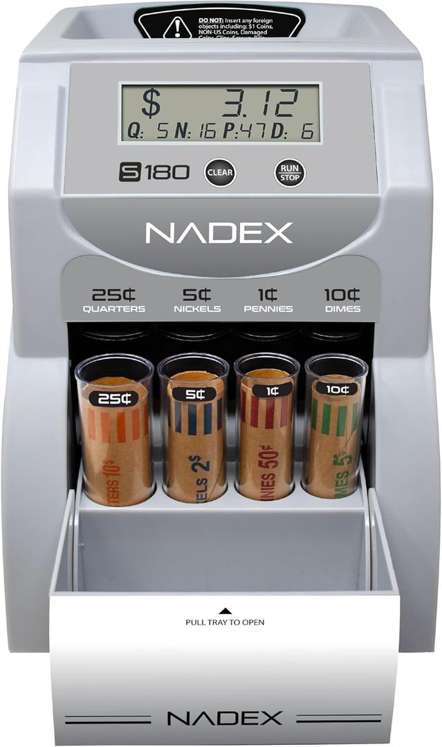 Nadex S180 Digital Coin Counter, Sorter,and Wrapper - Automatically Sorts and Counts Coin Batches, Stops on Full Coin Rolls, Silver