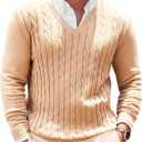 Runcati Mens V Neck Sweater Cable Knit Long Sleeve Casual Ribbed Twisted Pullover Sweaters (XX-Large, Khaki)