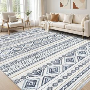 cotiled 5x7 Area Rug Living Room: Washable Boho Rugs with Non Slip Backing Large Soft Indoor Stain Resistant Carpet for Bedroom Farmhouse Dining Room Lightweight Home Decor Blue
