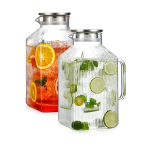 2 Pack 1 Gallon thickened Square Glass Pitcher with Lid, Classic Stripes Water Pitchers for Fridge, Borosilicate Glass Carafe for Hot/Cold Brew Drink, Extra Large Jug with Handle for Iced Tea, Coffee
