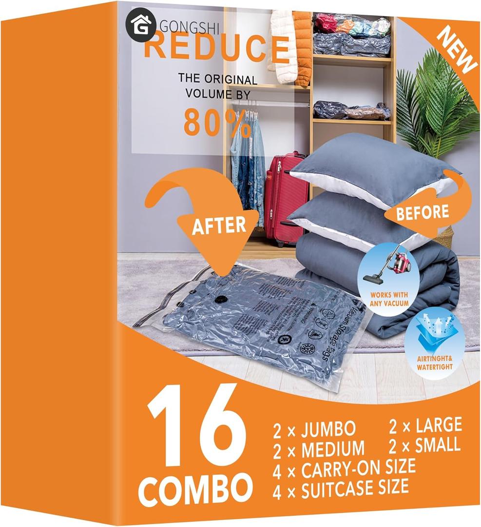 GONGSHI Vacuum Storage Bags, Space Saver Seal Bags For Clothing, Travel Luggage,Blankets, Comforters, Pillows, Clothes Storage.16 Combo