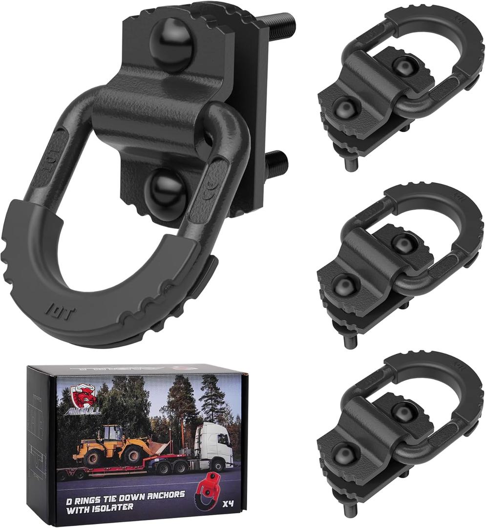 D-Ring Tie Down Anchors with Rubber Isolators, 4 Pack Heavy Duty 10 Ton Capacity Carbon Steel, Bolt-On with Mounting Hardware, Zinc & Powder Coated for Trailer, Truck, Pickup, Garage-Black