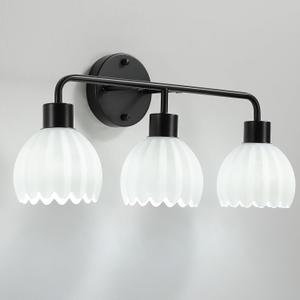 vivihobb Black 3-Light Vanlity Light Over Mirror, Wall Sconces, Modern Bathroom Light Fixture with Milk White Glass Flower Shade, E26 Socket(Bulbs Not Included)