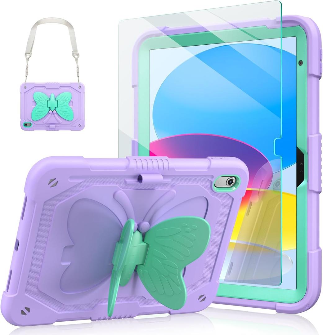 Ambison Case for iPad (A16) 11th/10th Generation 2025/2022 11''/10.9'' for Kids Girls, with 9H Tempered Glass Screen Protector, Shockproof Protective with Butterfly Stand, Carrying Strap-Purple