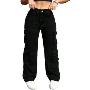 Plus Szie Women's Cargo Pants, Denim, Wide Leg, Straight Fit, Multi-Pocket Design, Casual Streetwear Style (1X, Black)