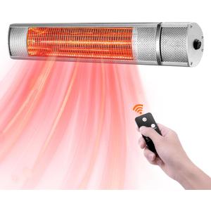 Wall-Mounted Patio Heater for Outdoor Use Electric Infrared Heaters 1500w with 3 Level,Waterproof Space Garage Heater, 3s Heating Remote Control, Silver