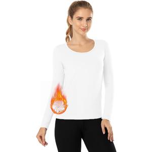 MANCYFIT Thermal Tops for Women Fleece Lined Shirt Long Sleeve Base Layer V Neck (Small, Scoop Neck-white)