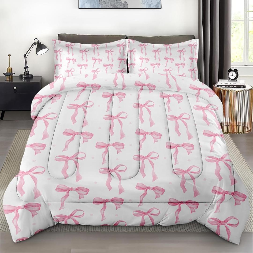 Comforter Set with Pillowcase Twin Size, Cute Coquette Pink Bow Bowknot, Bed Decor Sweet Themed Elegant Girly Baby for Kids and Adults, Soft Cozy Bedroom Bedding Set