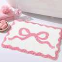Tinideya Pink Bow Bathroom Rug 16" x 24" Scalloped Bow Bath Mat Non Slip Cute Coquette Aesthetic Carpet Preppy Room Decor Microfiber Absorbent Mat for Mother's Day Bathtub Shower Bedroom Gift