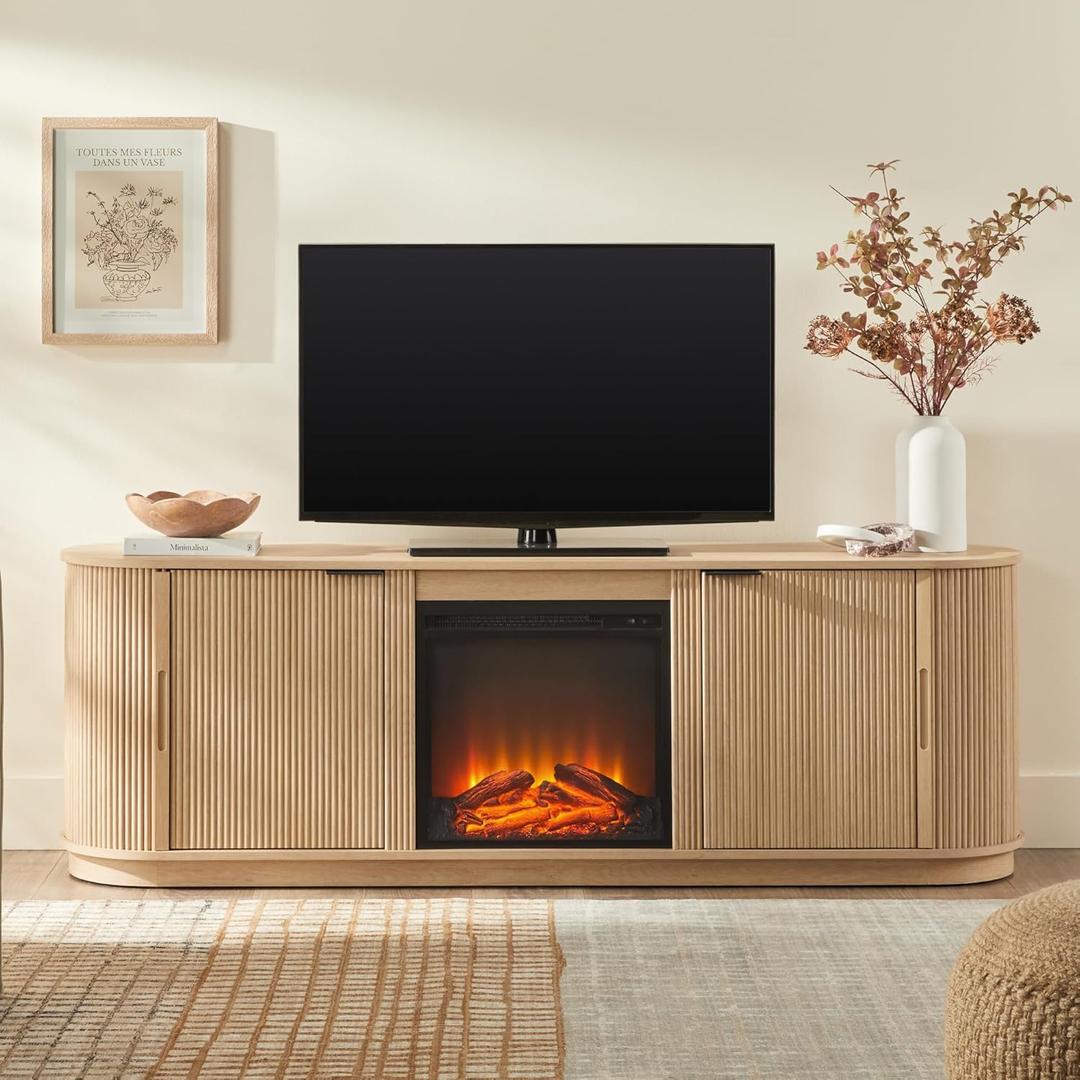 Walker Edison Modern Reeded TV Stand with Freestanding Electric Fireplace Insert for TVs up to 75 Inches, Ambient Flame with Or Without Heat, Credenza with Sliding Doors, 70 Inch, Coastal Oak