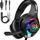 Tatybo Gaming Headset for PS4 PS5 Xbox One PC, Over-Ear Gaming Headphones with Surround Sound, Noise Canceling Mic, RGB Light