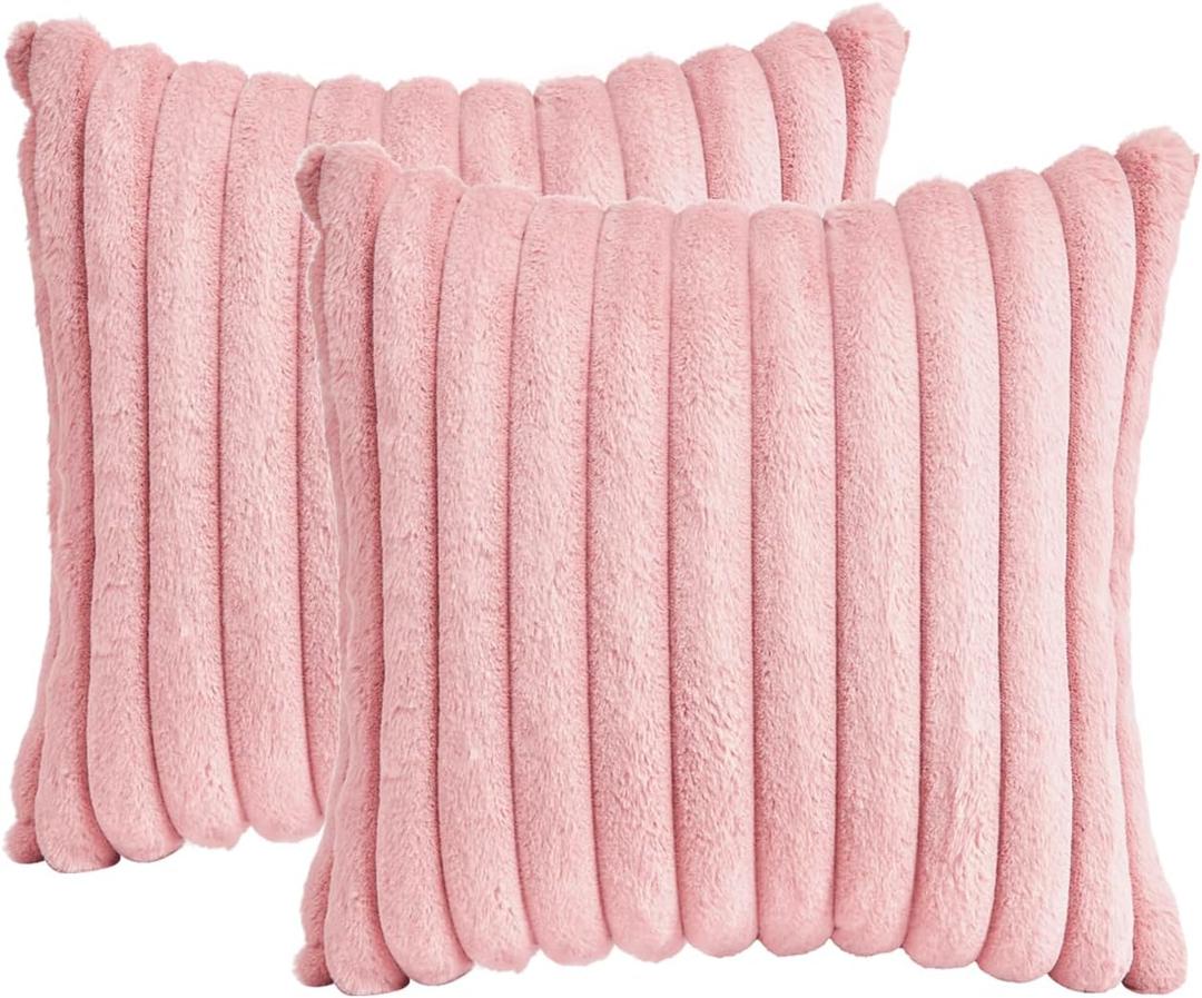 Throw Pillow Covers Decorative Faux Fur Set of 2 18x18 Inch Pillow Covers, Soft Pink Striped Pillowcases for Couch Sofa Bed Living Room, Fluffy Cute Home Boho Accent Fuzzy Decor