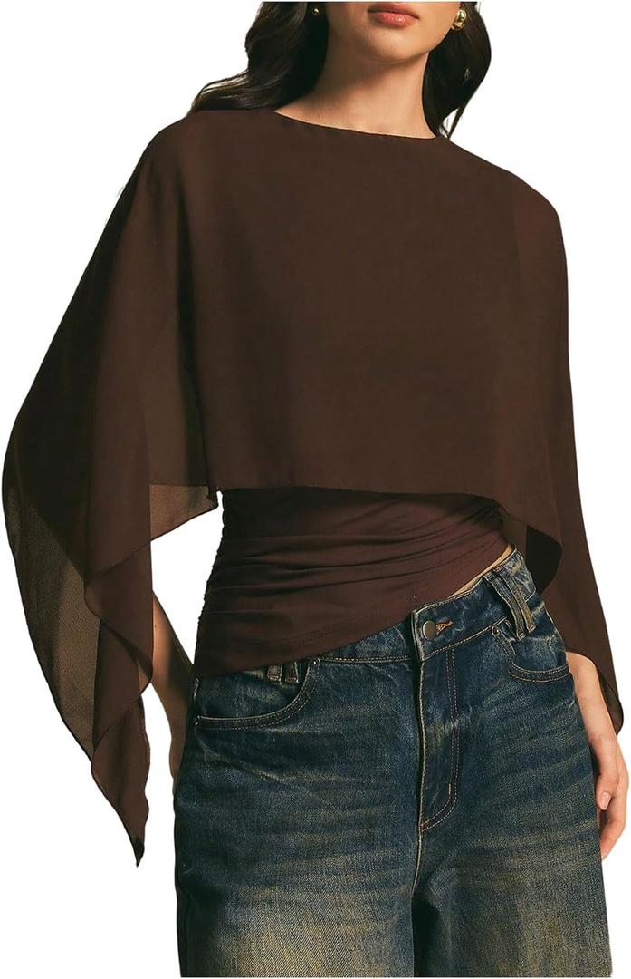 MakeMeChic Women's Asymmetrical Crop Tops Dressy Blouse Chiffon Mesh Sheer Summer Going Out Tops (Brown, M)