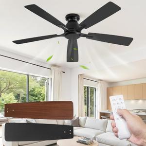 Fanbulous 52 Inch Flush Mount Ceiling Fan No Light with Remote,Black Modern Low Profile Ceiling Fan Without Light,6-Speeds,Quiet Reversible DC Motor,Indoor&Outdoor Ceiling Fans for Bedroom,Living Room