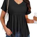 LYANER Women's Sexy V Neck Short Sleeve Babydoll Top Irregular Flowy Hem T-shirt Ruffle Tunic Black Medium