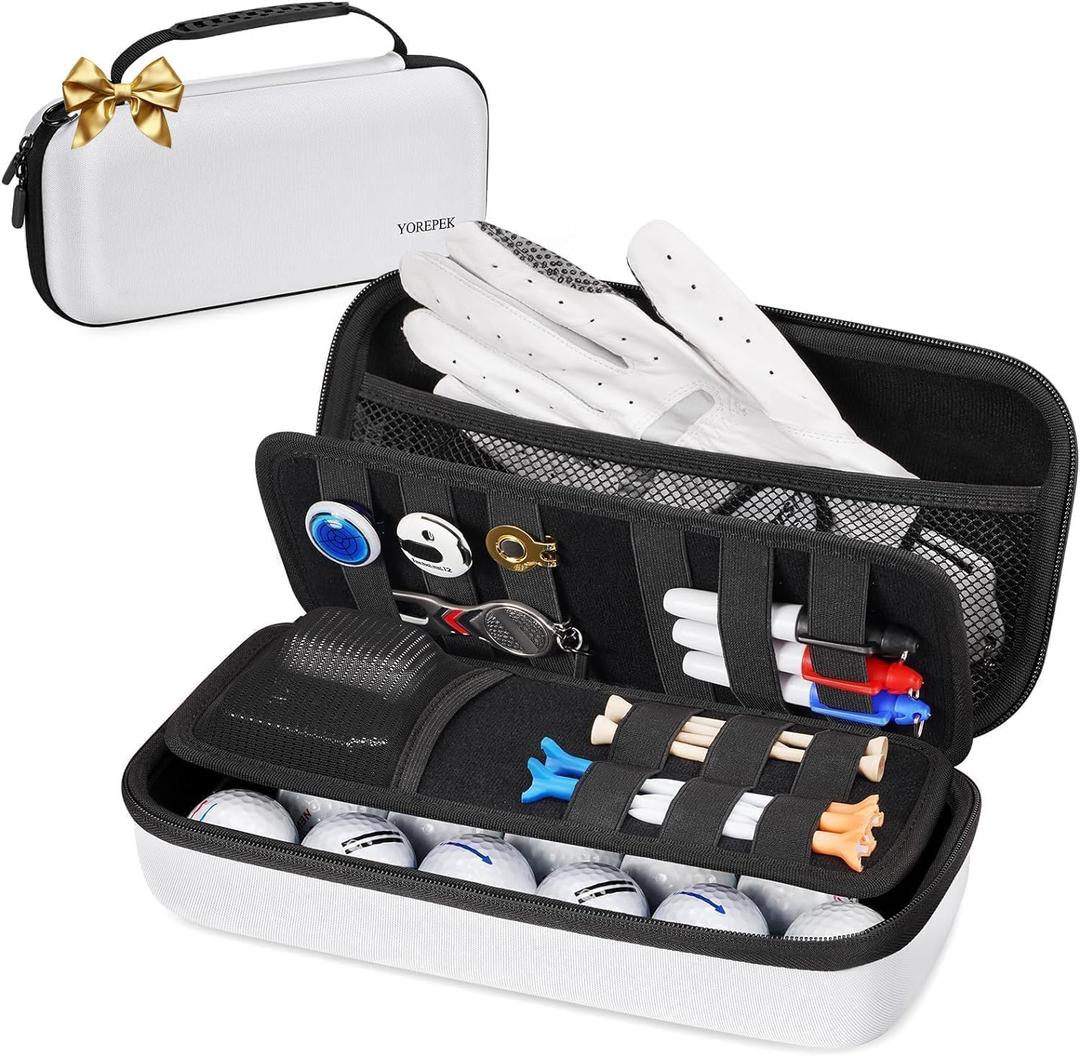 YOREPEK Golf Glove Holder with Removable Glove Shaper, Protective Hard Shell Golf Accessories Case Bag with 2 Dividers Fits Balls, Tees, Markers, Cool Gifts for Golfers (White)