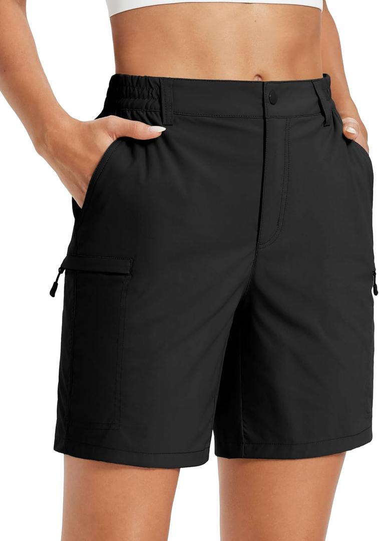 MAGCOMSEN Womens 7" Hiking Cargo Shorts Quick Dry Lightweight Golf Shorts with Pockets for Summer Casual Travel Outdoor (Black, XL)
