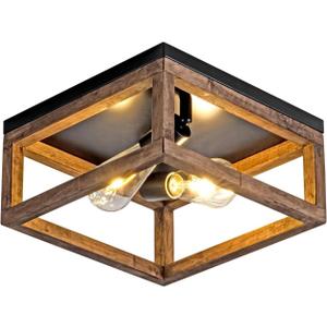 Farmhose Flush Mount Ceiling Light Fixtures for Kitchen Hallway, 2-Light Close to Ceiling Lighting, Rustic Light Fixtures in Black Metal Canop