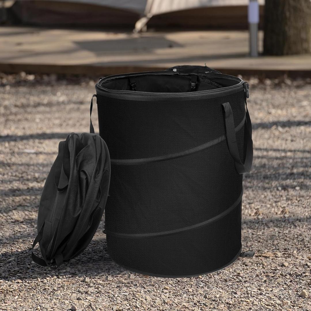  24 Gallons Collapsible Trash Can with Gloves, Camping Trash Can with Lid, Pop Up Garbage Can for Outdoor, Large Capacity Leaf Bags for Yard, Lawn, Reusable Garden Garbage Bag - Black