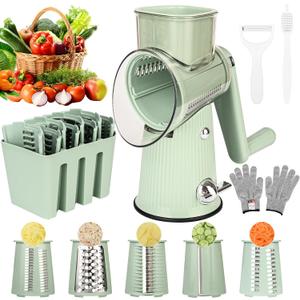 Cheese Grater With Hand Crank Countertop For KitchenGrater Shredder With Handle For Kitchen RotatingVegetable SlicerNuts Grinder Cheese Shredder with Clean Brush(5 Blades Matcha Color) (Large)